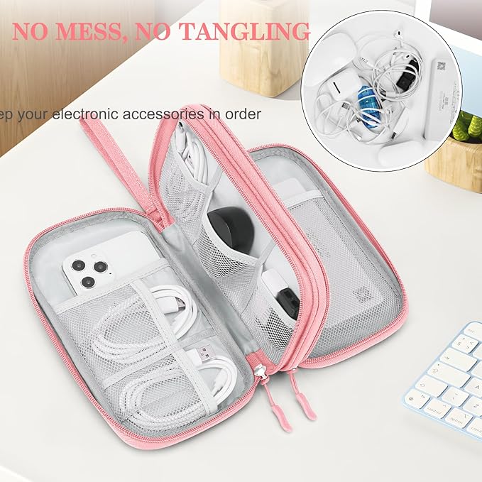 FYY Electronic Organizer, Electronic Accessories Carry Case Portable Waterproof Pouch Double Layers Storage Bag for Travel Cable, Cord, Charger, Phone, Earphone, Medium Size, Pink