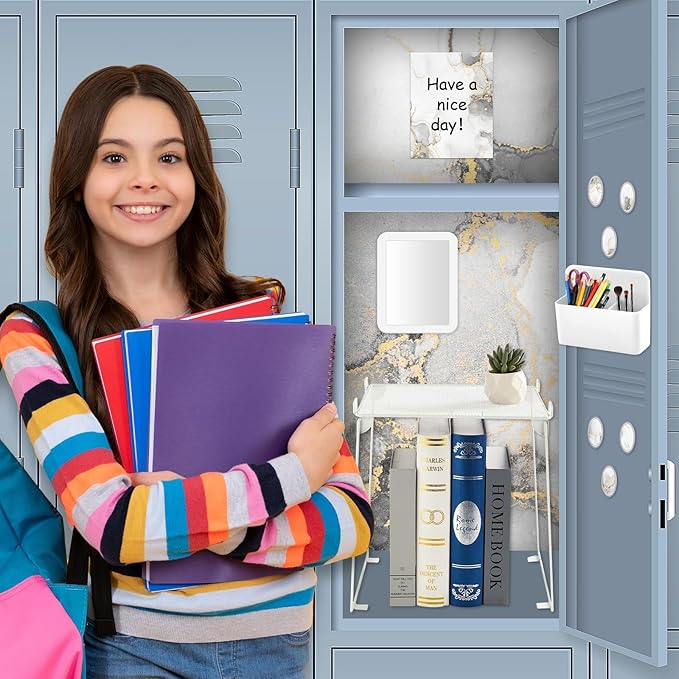 White Locker Accessories and Organizer Kit Include Marble Print Wallpaper Magnetic Mirror Whiteboard Pen Holder Magnet Locker Shelf Essentials for Back to School Supplies