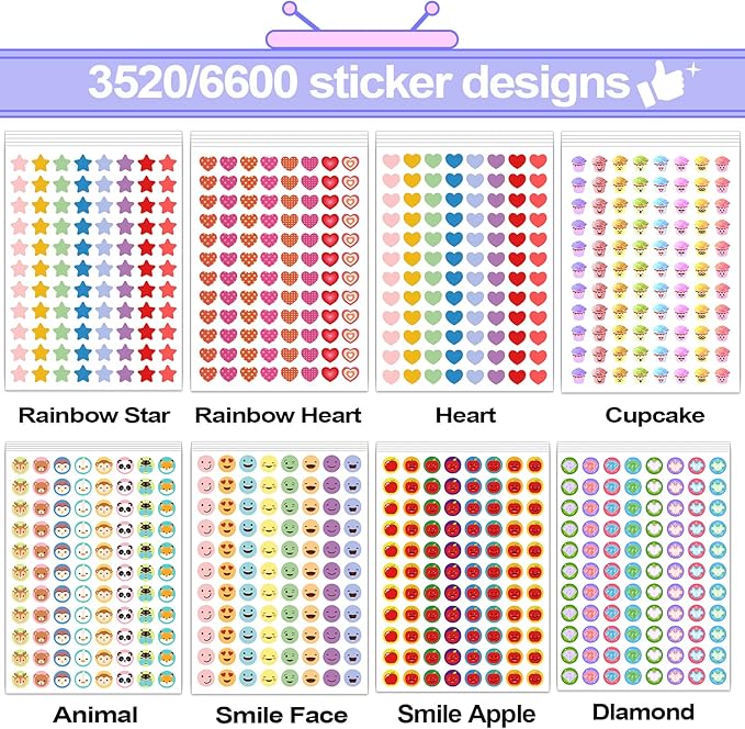 6600 PCS Small Stickers for Kids Classroom, Mini Teacher Reward Stickers Includes Stars, Smiley Faces & Emojis, Sticker Pack, Stickers Bulk, Scrapbook Journal Supplies