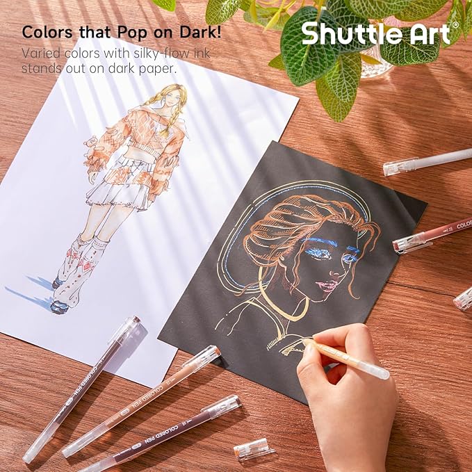 Shuttle Art Colored Pens, 24 Skin Tone Colors Cute Journal Pens 0.6mm Fine Point Colored Gel Pens for Black Paper Adult Coloring Writing Drawing Journaling Note Taking School Office Home