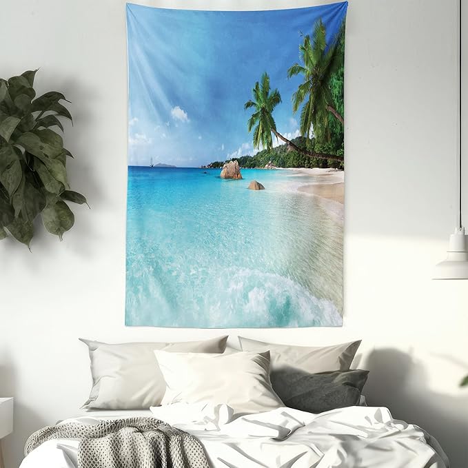 Ambesonne Ocean Tapestry Twin Size, Anse Lazio Beach at Praslin Island Surfing Beach Scenic View Travel, Wall Hanging Bedspread Bed Cover Wall Decor, 68" X 88", Blue and Turquoise