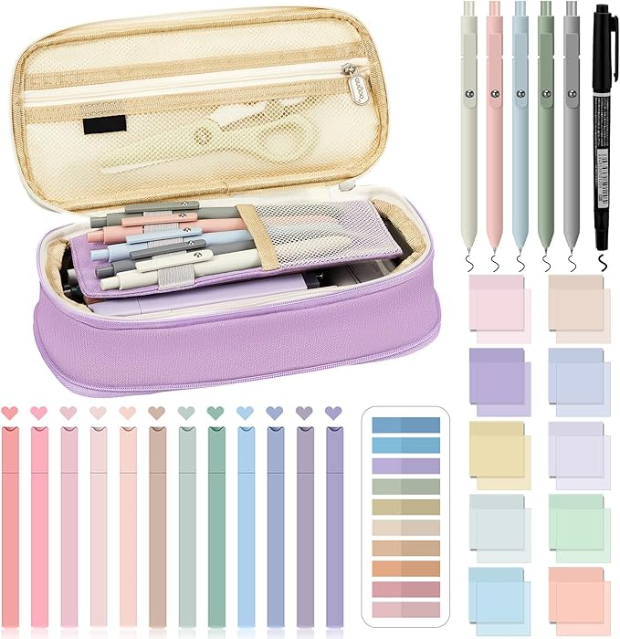 Jutom 39 Pcs Aesthetic Book Annotation Kit Highlighter with Pencil Case Bag Gel Pen Transparent Sticky Note Taking Bible Study College School Supplies(Purple,Cute Style)