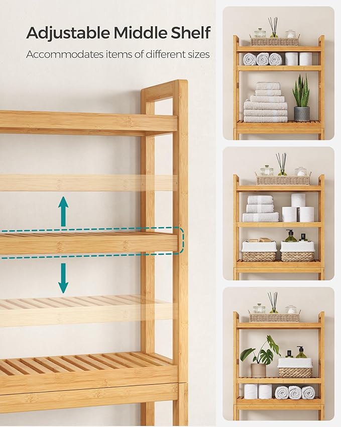 SONGMICS Over The Toilet Storage, 3-Tier Over Toilet Bathroom Organizer with Adjustable Shelf, 10.2 x 24.8 x 66.9 Inches, Space-Saving, Natural Beige UBTS001N01