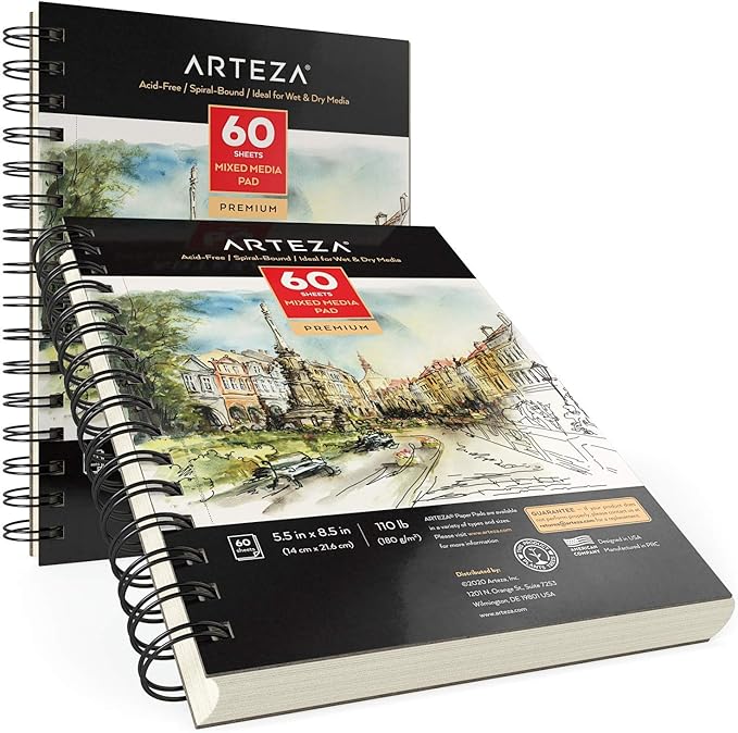 ARTEZA Mixed Media Sketchbook, 5.5 x 8.5 Inches, Pack of 1, 60 Sheets, Micro-Perforated Spiral-Bound Paper Pad for Wet and Dry Media