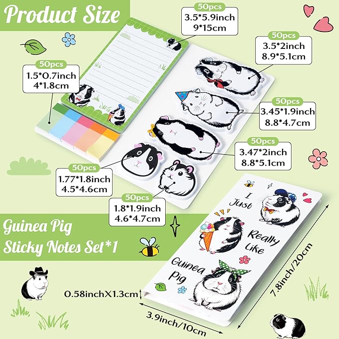 Xqumoi I Just Really Like Guinea Pig Sticky Notes Set - 550 Sheets - Cute Guinea Pig Self-Stick Notes Pads Animal Divider Tabs Bundle Writing Memo Pads Back to School Office Supplies Small Gift
