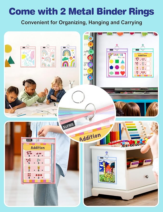 SUNEE 35 Packs Oversized Reusable Dry Erase Pocket Sleeves with 2 Rings, 10 Morandi Colors 10x14 Ticket Holders, Clear Plastic Sheet Protectors, Teacher School Classroom Supplies