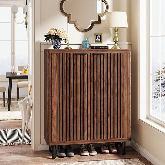 Tribesigns 6-Tier Shoe Cabinet with Shutter Doors, Large Wooden Shoe Organizer Rack with Adjustable Shelves, Modern Farmhouse Hidden Storage Furniture for Entryway, Hallway (Walnut)