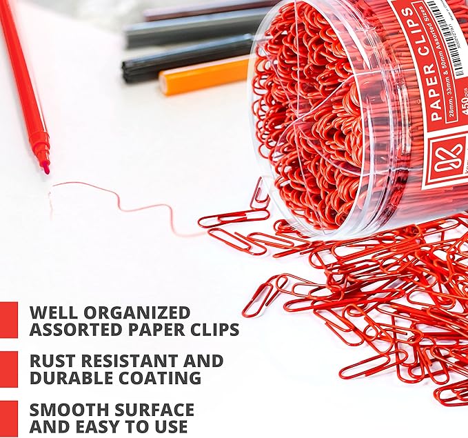 450 Red Color Paper Clips Assorted Sizes Small, Medium and Large Paper Clips for Paperwork Ideal for Home, School and Office Use (Assorted, Red)