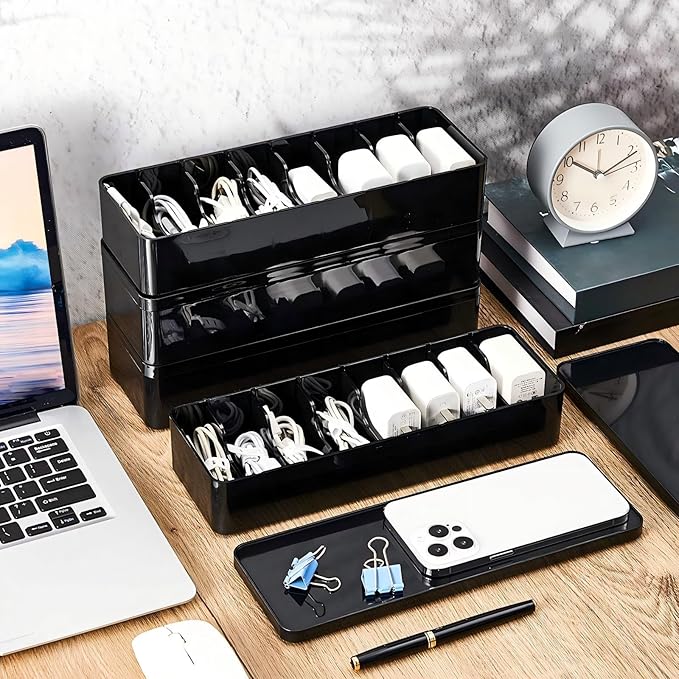 Tatuo 4 Pcs Cable Organizer Box with Wire Ties, Plastic Cord Storage Box with Lid, Electronics Organizer for Home Office Desk Organizers and Accessories (Black)