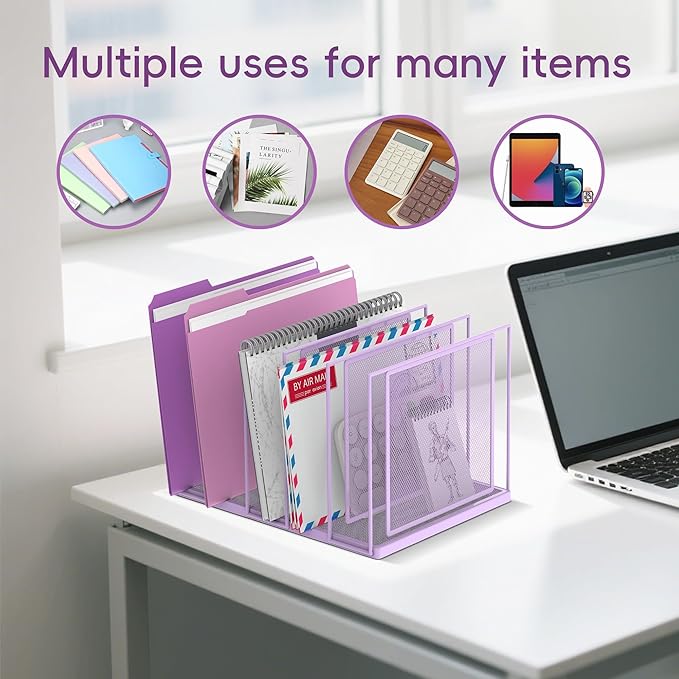 File Organizer for Desk, 5-Section Vertical File Sorter, Paper Holder Organizer Standing Metal File Folder for Office Home Classroom, Purple