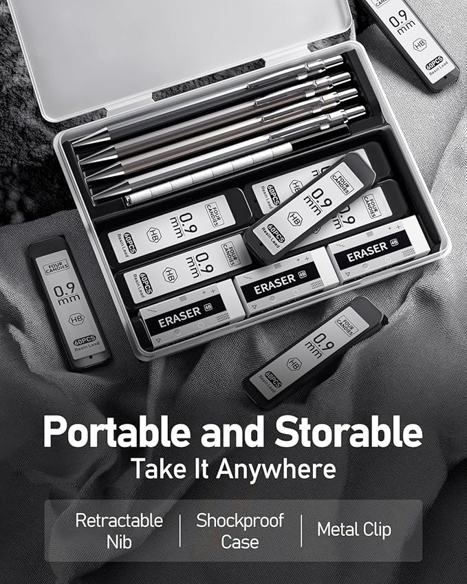 Four Candies 0.9mm Metal Mechanical Pencil Set with Case - 4PCS Fancy Mechanical Pencils, 8 Tubes HB #2 Lead Refills, 3PCS 4B Erasers and 9PCS Eraser Refills, Led Pencils Mechanical for Writing