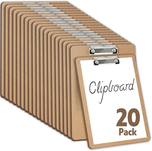 20 Pack Clipboards Bulk, Clipboards for Classroom, Letter Size (9 x 12.5 Inch) Wooden Clipboard, Hardboard Office Clipboard, Classroom Supplies