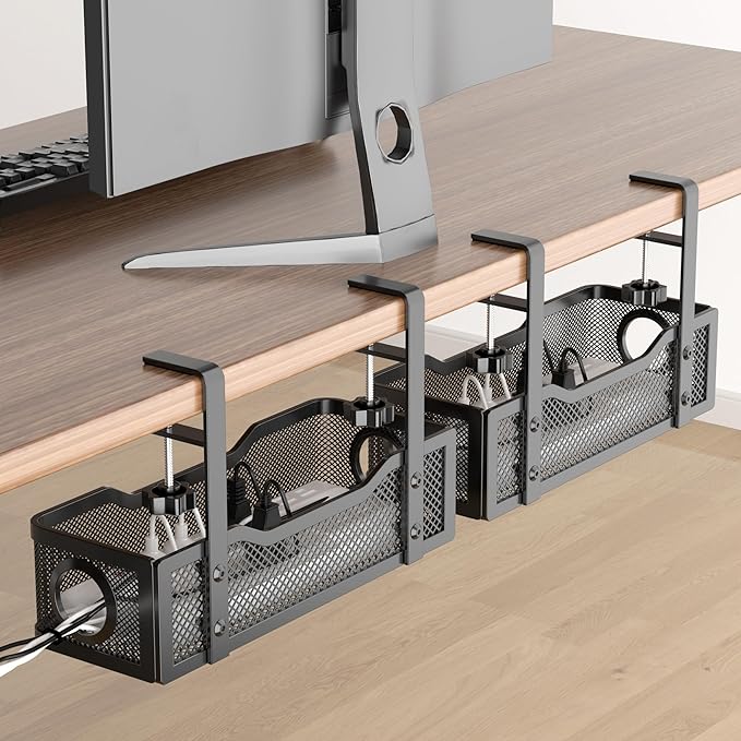 2 Pack Under Desk Cable Management Box Black, Cinati 26.8" Wire Organizers No Drill, Cord Organization Tray with Clamp for Office, Home - No Damage to Desk