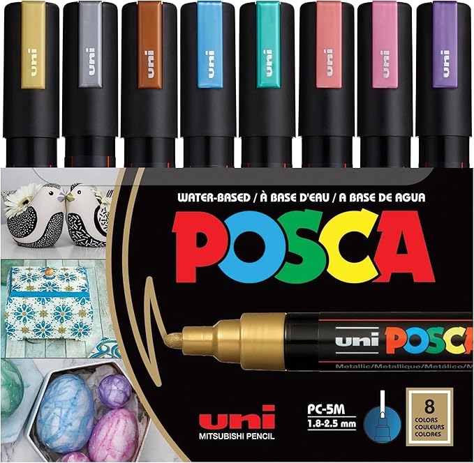 posca Markers Set, 8 Medium Paint Markers 5M, Metallic Tones – Gold, Silver, Bronze, Blue, Green, Red, Pink, Violet