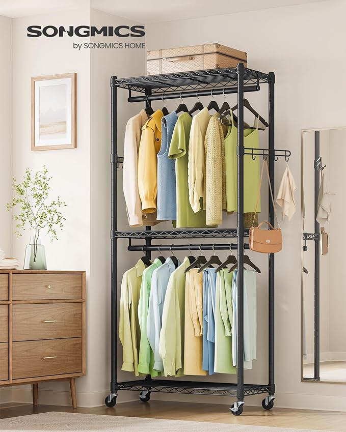 SONGMICS Heavy-Duty Rolling Clothes Rack, Garment Rack, Portable Closet, 29.5-Inch Wide Clothing Rack on Wheels, with Adjustable Mesh Shelves and Hanging Rails, Hooks, Ink Black ULGR412B01