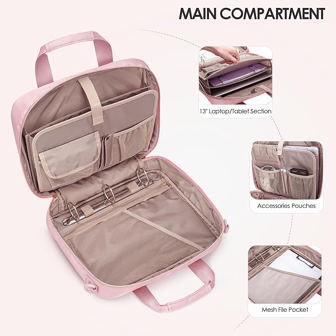 3 Ring Zipper Binder, 2 Inch Ring Binder Organizer Bag with Shoulder Strap Fits 13 Inch Laptop and 500 Sheets, Pink (Empty Bag Only)