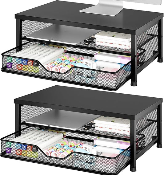 OPNICE Computer Monitor Stand Riser, Desk Organizer with Drawer, Laptop Stand, Office Desk Accessories & Workspace Desktop Organizers Storage for Office Supplies(Black 2-Pack)