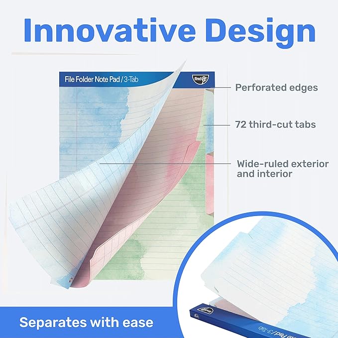 Find It File Folder Notepad - Pack of 72-9.5 x 12.5 Inch Notebook Organizer Folders for Filing, Document, and Clipboard Organization - Watercolor