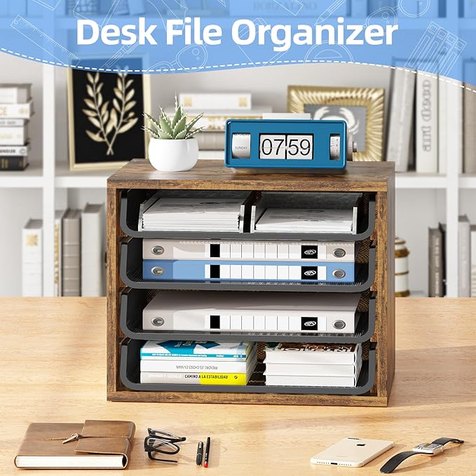 Simple Trending Desk File Organizers, 4-Tier Letter Tray Paper Organizer with File Holder, Wooden Paper Sorter for Office Supplies, Rustic Brown