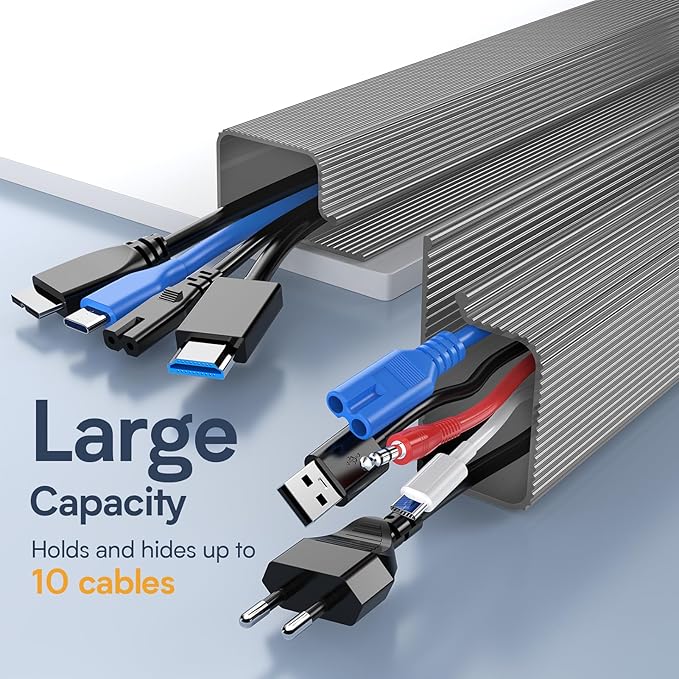 Delamu 62.8in Under Desk Cable Management, Safe & Tidy Cable Management Under Desks for Home & Office, 4 Pack Cord Organizer for Desk, Wire Organizer Kit, Grey