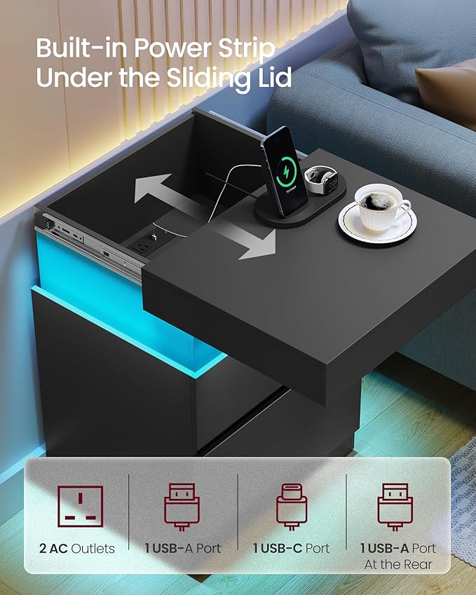 VASAGLE Kailyn Collection - Nightstand with Power Outlets, Sliding Lid, Modern Bedside Table with LED Lights, End Table, 2 Drawers, 15.7 x 18.9 x 26.8 Inches, Ink Black ULET650BC01S
