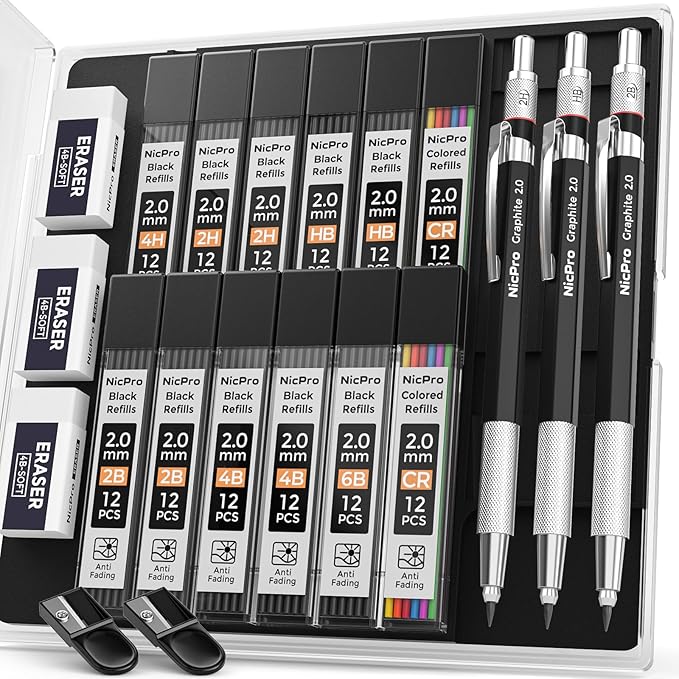 Nicpro 2mm Metal Mechanical Pencil Set with Case, 3PCS Lead Pencil Holder 2.0 mm with 144PCS Lead Refills (4H 2H HB 2B 4B 6B Color), Eraser, Sharpener for Drafting Writing Drawing Sketching