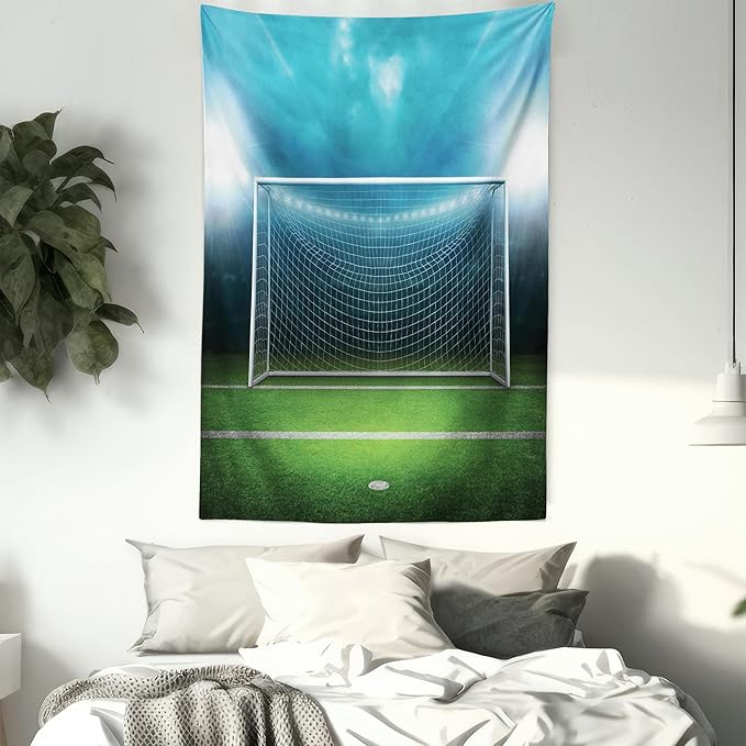 Ambesonne Soccer Tapestry Twin Size, Soccer Goal Post Sports Area Winner Loser Line Floodlit Best Team Finals Game Theme, Wall Hanging Bedspread Bed Cover Wall Decor, Twin Size, Green and Blue