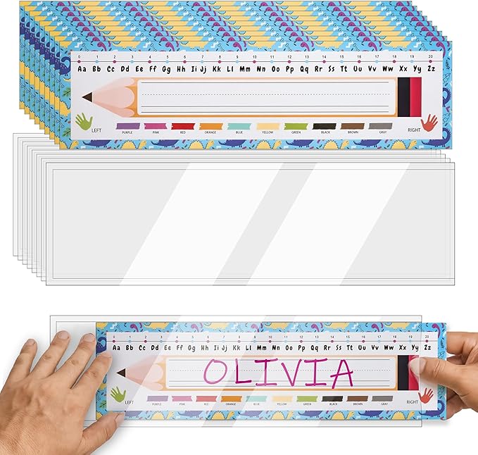 20 Colorful Students Name Plates and and Nameplates Pocket for Desks - Self-Adhesive Desk Name Tags for Classroom, Student Name Plates for Kids, Teacher Supplies, School Labels, Locker & Desk