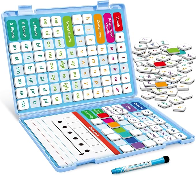 Aizweb Phonics Magnetic Letter Tiles,All-in-one Magnetic Phonics Kit,Reading &Spelling Games with Dry-Erase Boards&Storage Case,Phonics Games for Preschool Pre k& Kindergarten Classroom Learning