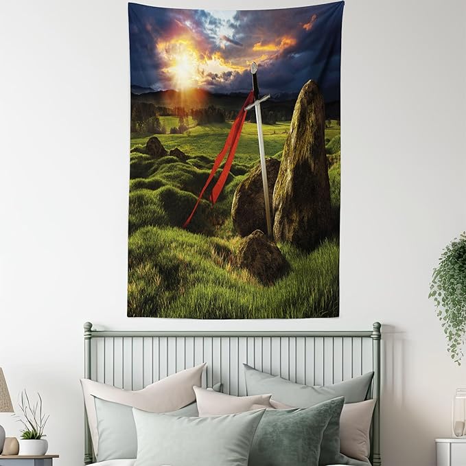 Ambesonne King Tapestry Twin Size, Arthur Camelot Myth in England Ireland Fields Invincible Myth Image, Wall Hanging Bedspread Bed Cover Wall Decor, 68" X 88", Green Blue Red