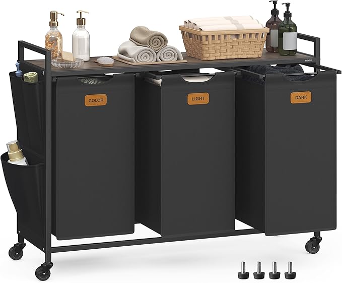 VASAGLE Laundry Hamper, Laundry Sorter Rolling Cart with Shelves, Small Side Pockets, 6 Labels, 3 Compartments, 39.6 Gal. (150 L), Ink Black and Ash Brown UBLH223BH01