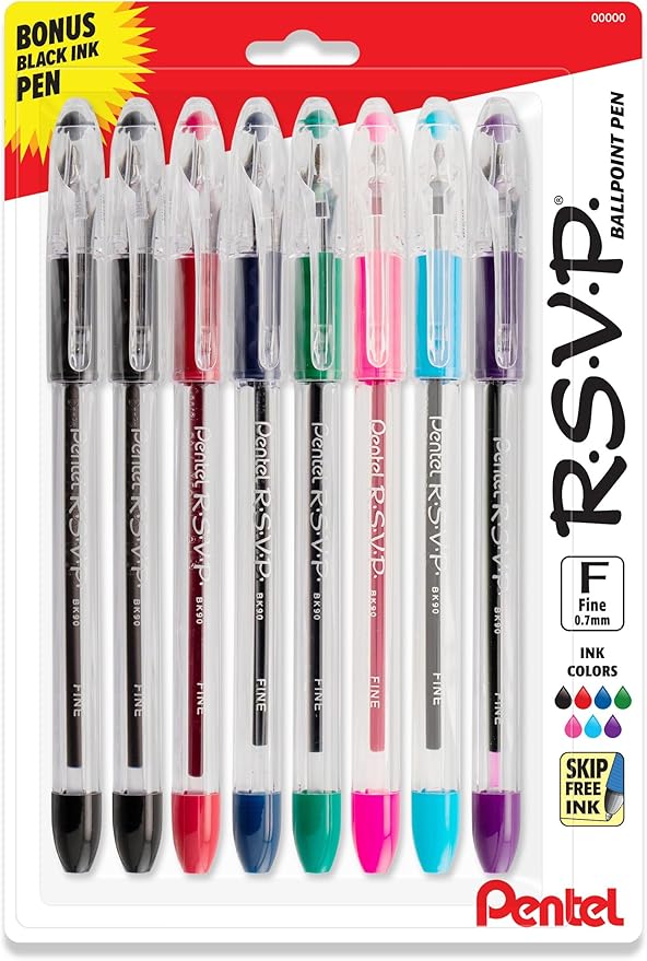 Pentel RSVP Original Ballpoint Pen, (0.7mm) Fine Line, Assorted Ink Colors, Clear Barrel, 8 Pack with Bonus Black Ink Pen