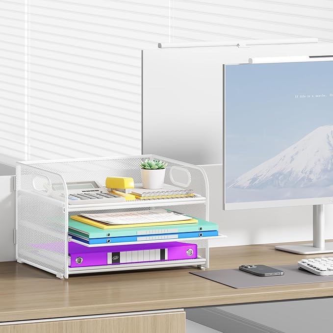 3 Tier Paper Organizer with Handle, Metal Desk Organizer Mesh Paper Letter Tray Desktop File Folder Document Sorter for Classroom, School, Office Accessories Organization and Storage - White