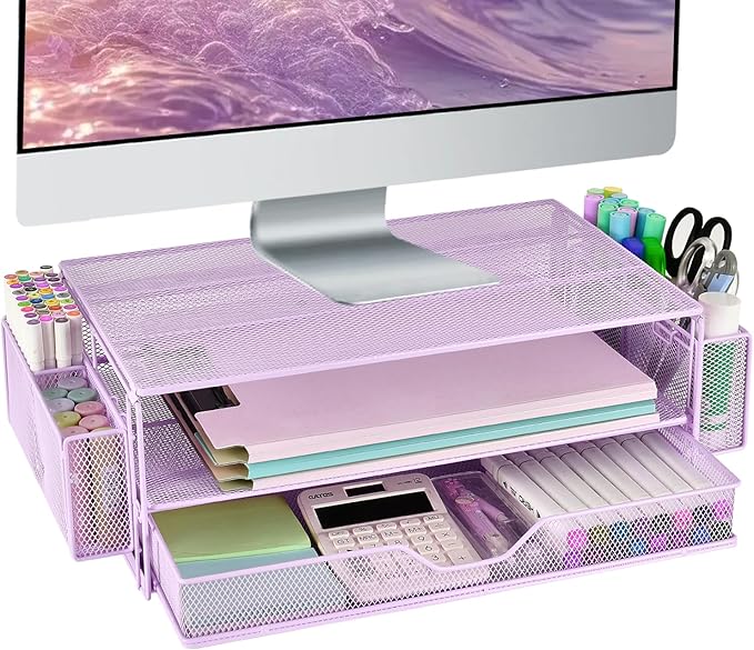 AUPSEN Computer Monitor Stands Riser，2-Tier Desk Organizers and Accessories, Office Desk Accessories Organizer with Drawers and 2 Pen Holder for Office Supplies (Purple)