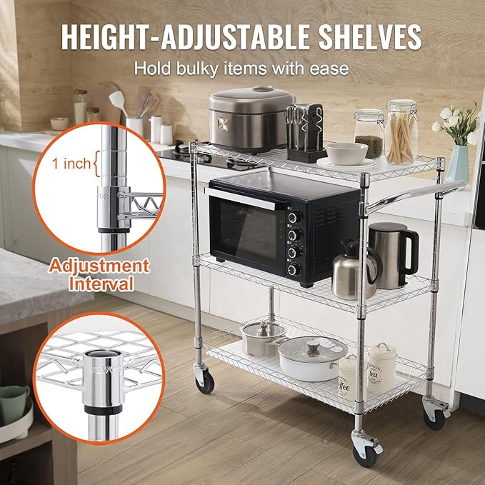 VEVOR Kitchen Utility Cart, 3 Tiers, Wire Rolling Table with 661 LBS Capacity, Steel Service Desk on Wheels, Metal Storage Trolley with 80 mm Deep Basket Curved Handle PP Liner 6 Hooks
