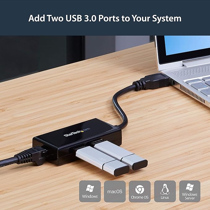 StarTech.com 2 Port USB 3.0 Hub with Ethernet - USB 3.0 x 2 - Gigabit Ethernet Network Adapter for Windows/Mac/Chrome (USB31000S2H) Black