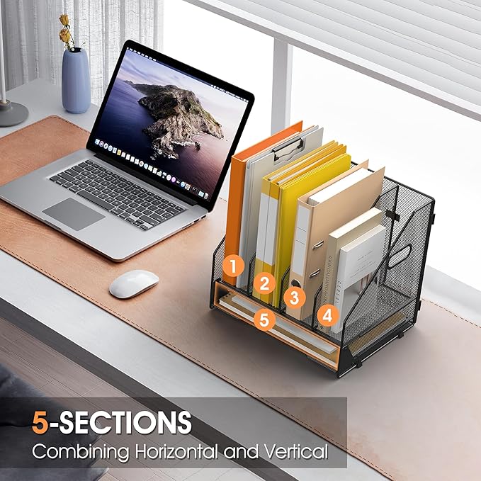 Desk File Folder Holder Organizer-4 Vertical Compartments Racks and Paper Letter Tray,Mesh Magazine File Holder Sorter,Desktop Accessories & Workspace Organizers for Home,Office,School-Black