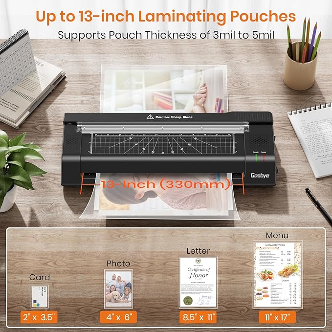 Laminator Machine, 13-Inch Thermal Laminator with Steel Paper Cutter, 13 Laminating Pouches, Corner Rounder, Jam Release Button for Home, Office, School, Teachers, Personal Use, Black