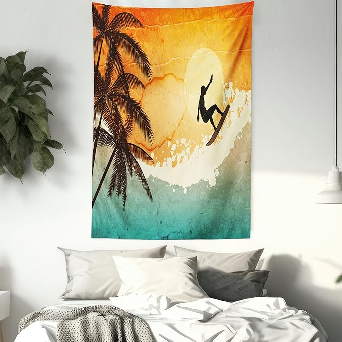 Ambesonne Grunge Tapestry Queen Size, Illustration of Tropical Island Surfer on Sea Waves and Palms at Sunset, Wall Hanging Bedspread Bed Cover Wall Decor, 88" X 88", Orange Turquoise Black