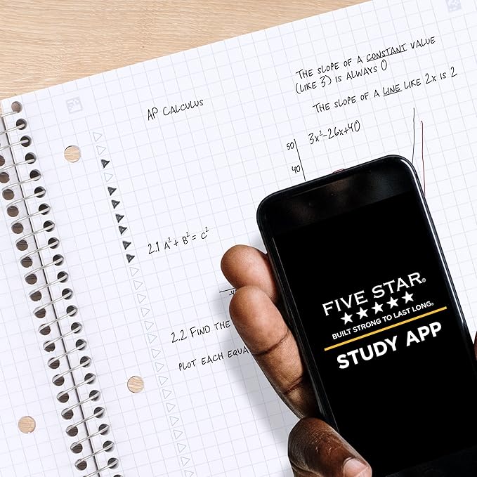 Five Star Spiral Notebook + Study App, 1 Subject, Graph Ruled Paper, 8-1/2" x 11", 100 Sheets, Fights Ink Bleed, Water Resistant Cover, Black (73679)
