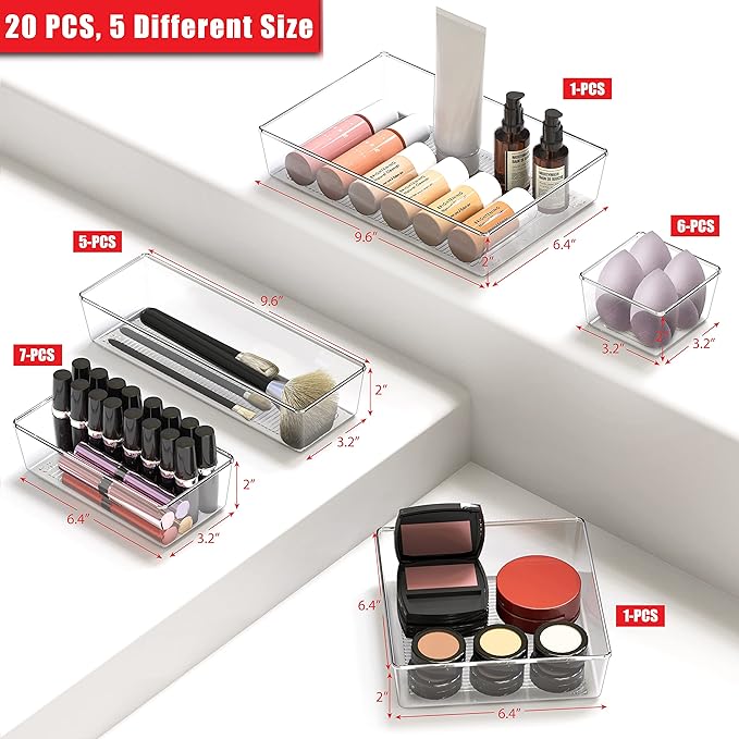 Simple Houseware 20 PCS Clear Plastic Drawer Organizers Set, 5-Size for Makeup, Bathroom, Bedroom and Office
