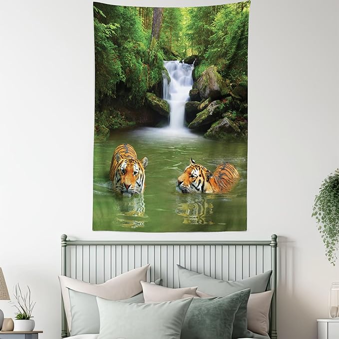 Ambesonne Savannah Tapestry, Siberian Tigers in Water Waterfall Pool Woodland Swimming Natural, Fabric Wall Hanging Decor for Bedroom Living Room Dorm, 30" X 45", Reseda Green Orange