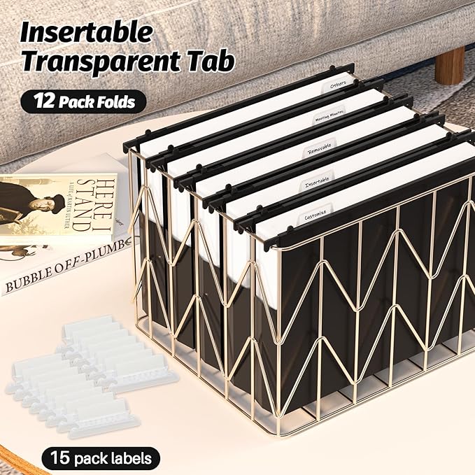 Extra Capacity Plastic Hanging File Folders,12 Pack Reinforced Hang Folders Letter Size,Accordian Pocket,Heavy Duty 2 Inch Expansion,Hard Hanging Folder Organizer for Office Home,Black