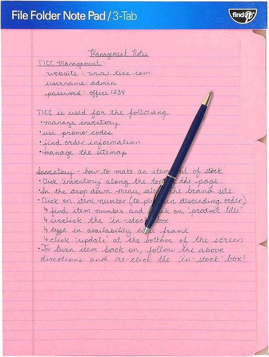 Find It File Folder Notepad - Pack of 36-9.5 x 12.5 Inch Notebook Organizer Folders for Filing, Document, and Clipboard Organization - Pink
