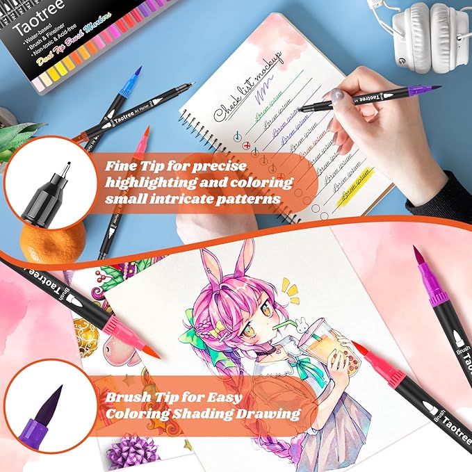 Taotree 36 Colors Dual Tip Art Markers Pens for Adult Coloring Books, Artist Fine & Brush Tip Coloring Marker Drawing Pens for Journaling Note Taking Lettering Calligraphy Craft Art Supplies Set