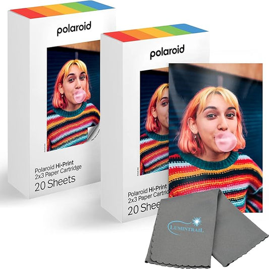 Polaroid Hi Print 2x3 Paper Cartridge, Peel and Stick, 2 Pack (40 Photos) with a Microfiber Cleaning Cloth