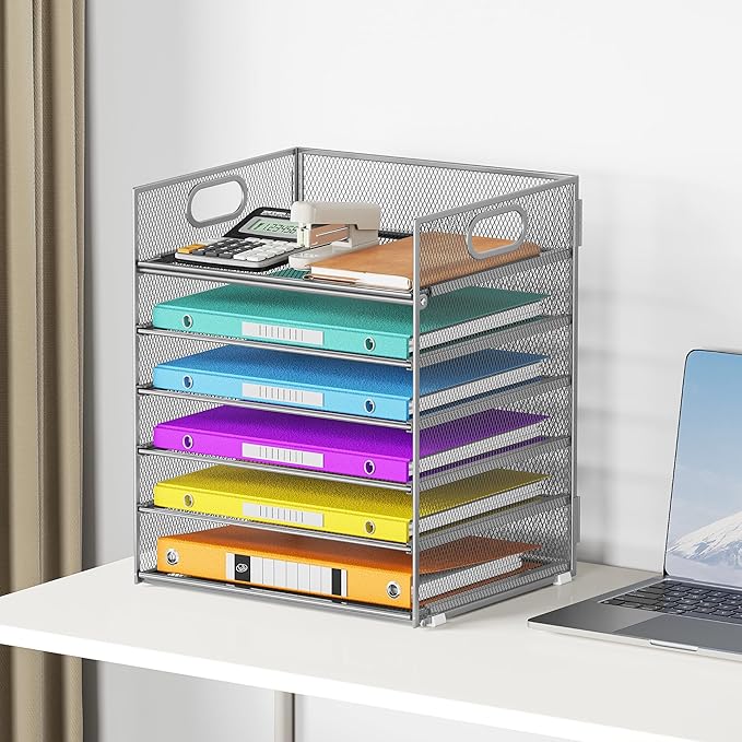 6 Tray Paper Organizer Letter Tray with Handle - Mesh Desk File Folder Holder, Paper Sorter for Office, Home or School - Silver