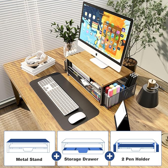 OPNICE Desk Organizers and Accessories, 2-Tier Computer Monitor Stand with Drawer and 2 Pen Holders, Laptop Stand, Office Desk Accessories for Office Supplies, Oak