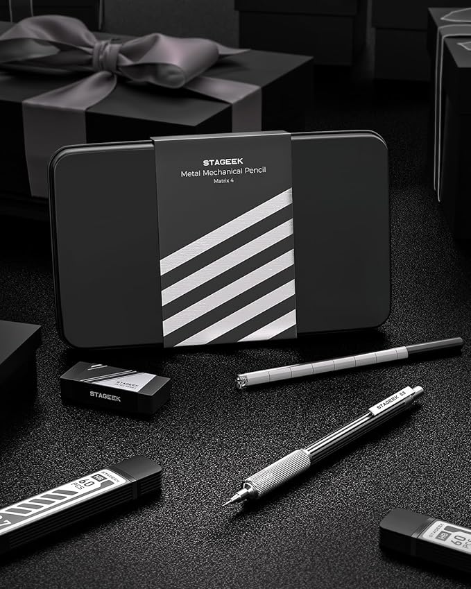 0.5mm Mechanical Pencil with Metal Gift Case, 1PCs Metal Mechanical Pencil with 120PCS HB Lead Refills,4B Erasers and 9PCS Eraser Refills, for Writing Drafting Drawing and Sketching(Silver)