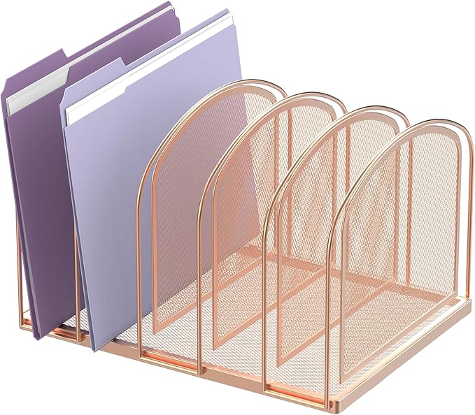 SUPEASY File Organizer for Desk, 5-Section Mesh Desk Organizer, Vertical File Holder Desktop Organizer File Sorter, File Folder Holder for Office Supplies, Rose Gold